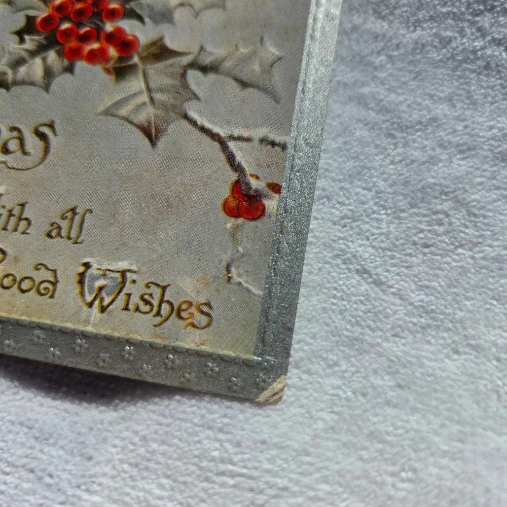 Antique Embossed‎ Christmas Postcard Holly Berries Snow Cottage Winter Scene